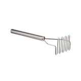 The TableCraft stainless steel potato masher features a cylindrical handle and a zigzag mashing plate, isolated on a white background. The tool is angled to display both the sleek handle and the wavy mashing end.