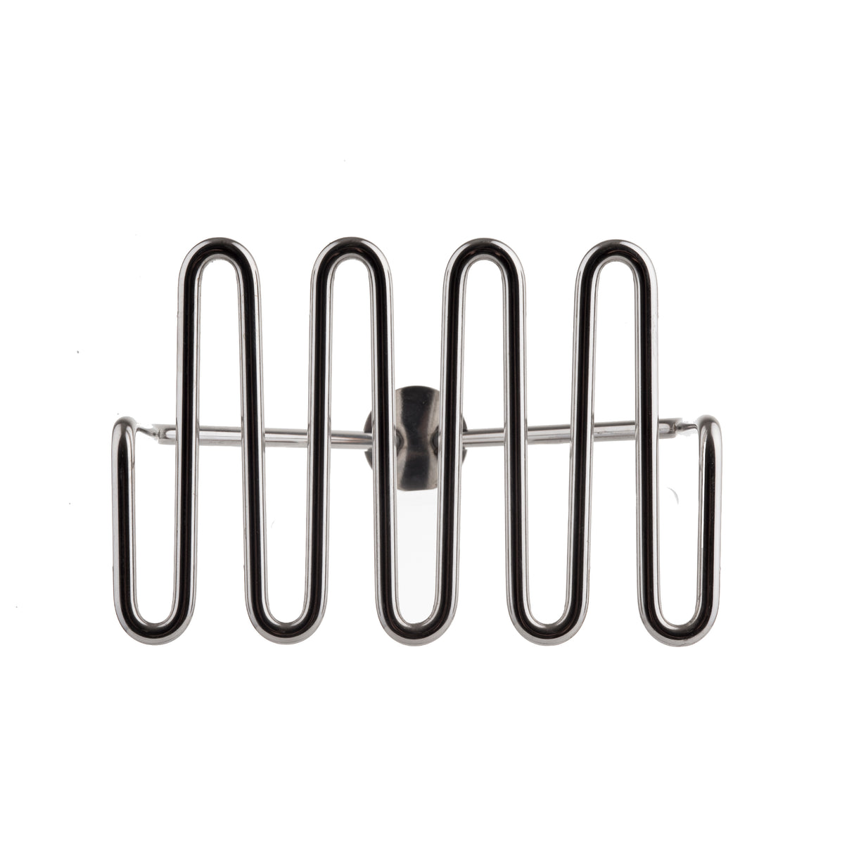 A metal wire potato masher bent into five upright loops in a zigzag pattern, attached perpendicularly to a straight horizontal rod at the center, set against a white background. The TableCraft utensil appears shiny with a symmetrical, geometric design.
