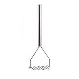 The TableCraft potato masher features a stainless steel cylindrical handle and a zigzag mashing plate, all with a polished metallic finish. Its simple, modern design is perfect for efficient mashing, isolated on a white background.