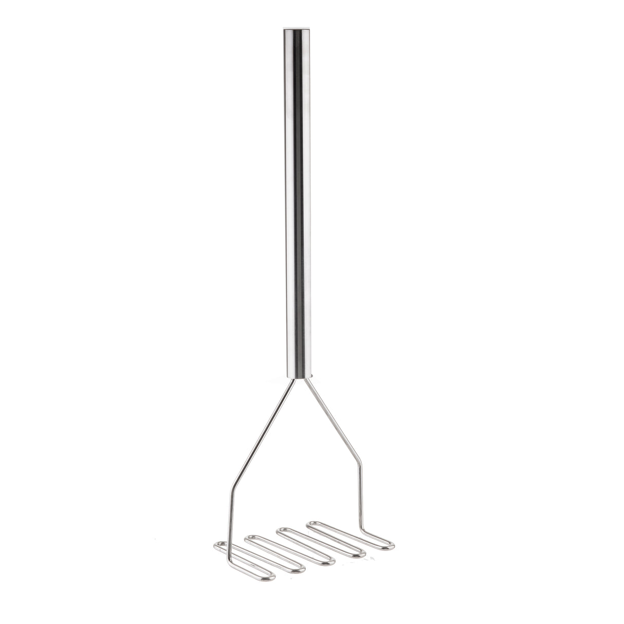 A stainless steel Potato Masher with a straight handle and zigzag mashing plate stands upright on a white background. The simple, modern design features clean lines, a polished finish, and is dishwasher safe for easy cleaning.
