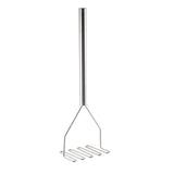 A stainless steel Potato Masher with a straight handle and zigzag mashing plate stands upright on a white background. The simple, modern design features clean lines, a polished finish, and is dishwasher safe for easy cleaning.