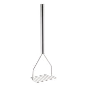 A stainless steel Potato Masher with a straight handle and zigzag mashing plate stands upright on a white background. The simple, modern design features clean lines, a polished finish, and is dishwasher safe for easy cleaning.