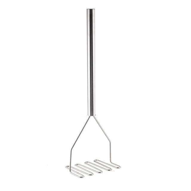 A stainless steel Potato Masher with a straight handle and zigzag mashing plate stands upright on a white background. The simple, modern design features clean lines, a polished finish, and is dishwasher safe for easy cleaning.