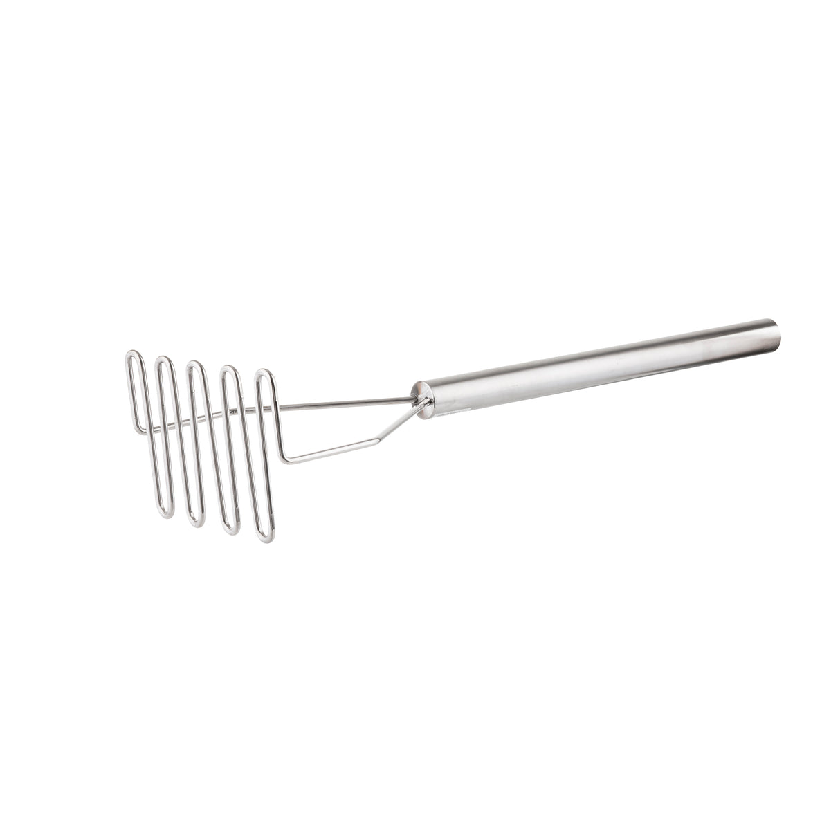 A stainless steel potato masher with a long cylindrical handle and a zigzag-shaped mashing plate, isolated on a white background. The sleek, modern design is functional for mashing soft foods and is conveniently dishwasher safe.