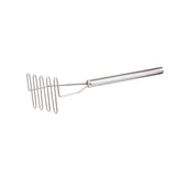 A stainless steel potato masher with a long cylindrical handle and a zigzag-shaped mashing plate, isolated on a white background. The sleek, modern design is functional for mashing soft foods and is conveniently dishwasher safe.