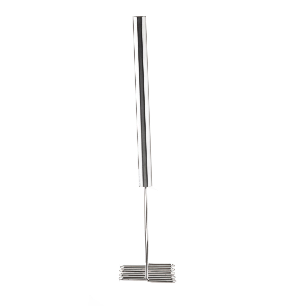 A stainless steel potato masher with a long cylindrical handle and a flat, grid-like mashing head made of parallel metal bars stands upright against a white background. The modern, minimalistic design is also dishwasher safe for easy cleaning.