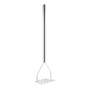 A stainless steel potato masher with a long cylindrical handle and a zigzag mashing plate, isolated on white. Its simple design features clean lines, a shiny finish, and is dishwasher safe for easy cleanup.