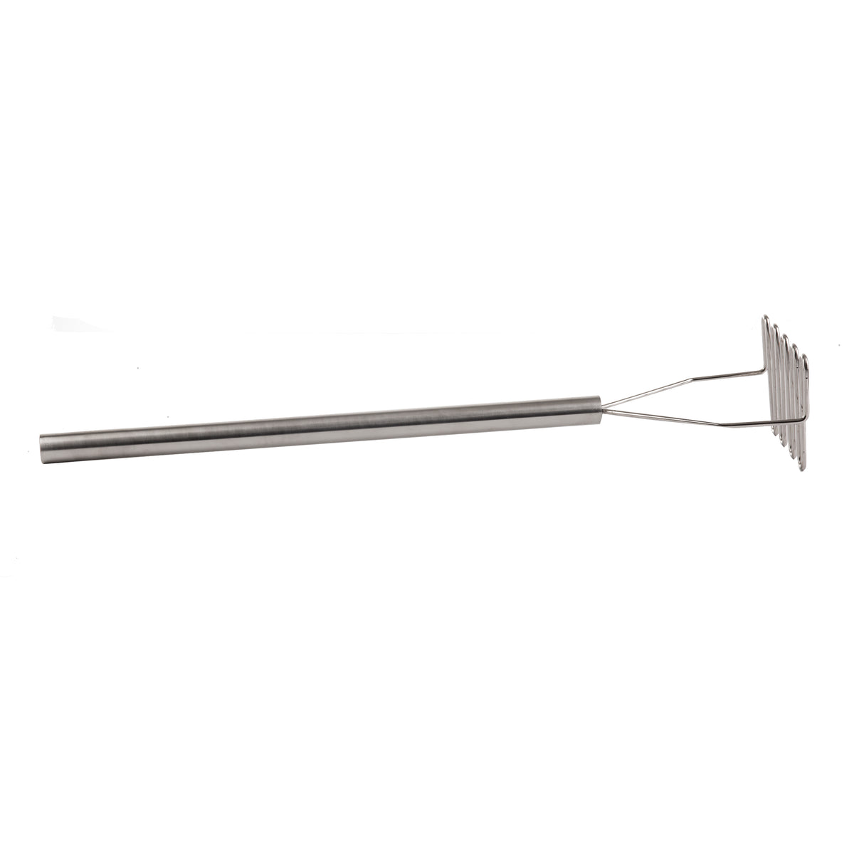 A stainless steel potato masher with a long cylindrical handle and a flat, zigzag mashing plate at one end, isolated on a white background. This potato masher features a simple, modern design and is dishwasher safe for easy cleaning.