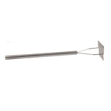 A stainless steel potato masher with a long cylindrical handle and a flat, zigzag mashing plate at one end, isolated on a white background. This potato masher features a simple, modern design and is dishwasher safe for easy cleaning.