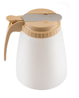 A BPA free plastic all purpose dispenser with a beige handle and lid, featuring a metallic spout cover. Its white, opaque body has a textured lower half, while the ridged circular lid offers easy grip and convenience.