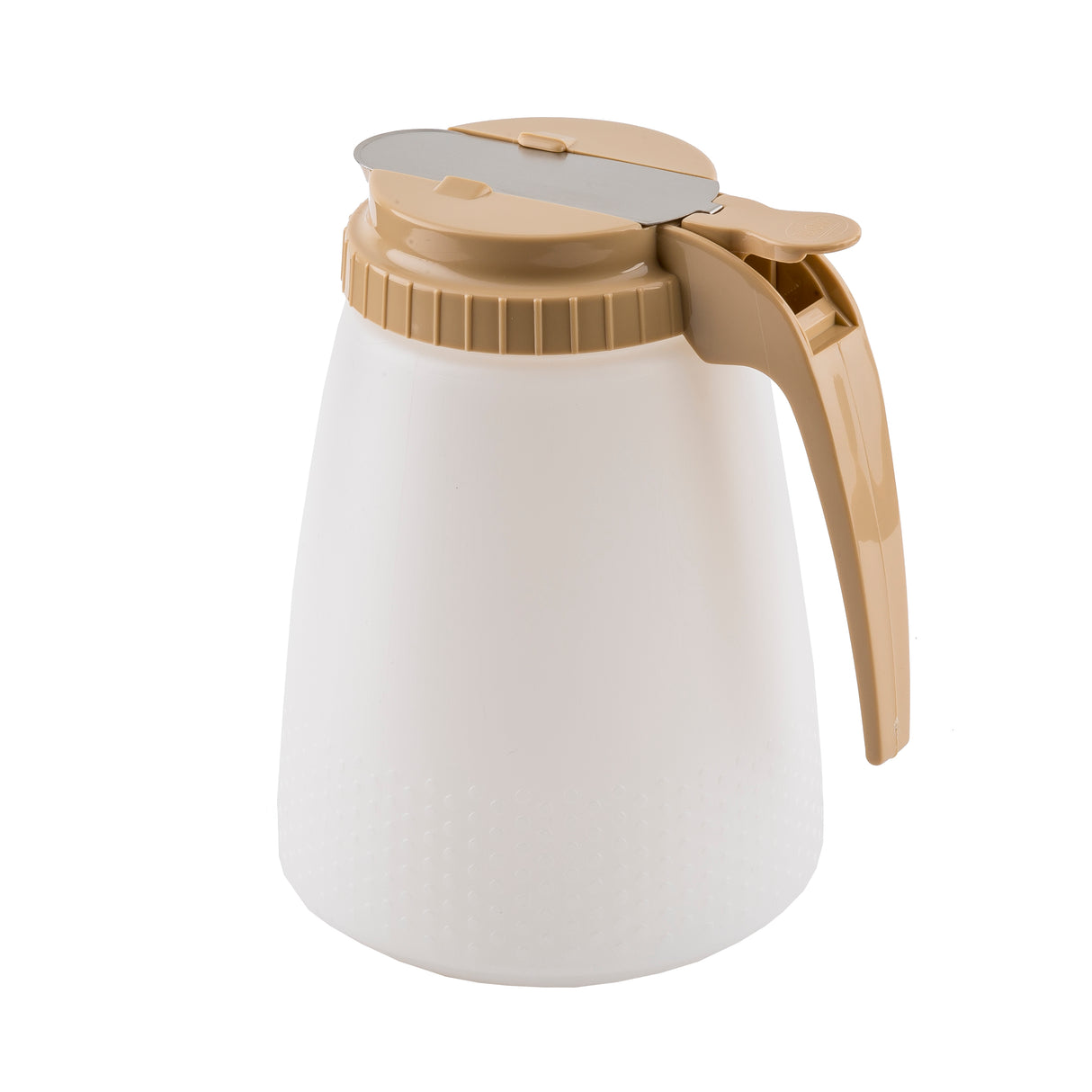 A white plastic, BPA free pitcher with a textured base, beige lid, and matching handle. The All Purpose Dispenser features a silver metal lever for dispensing liquid and a wide mouth for easy pouring. Simple, functional design.