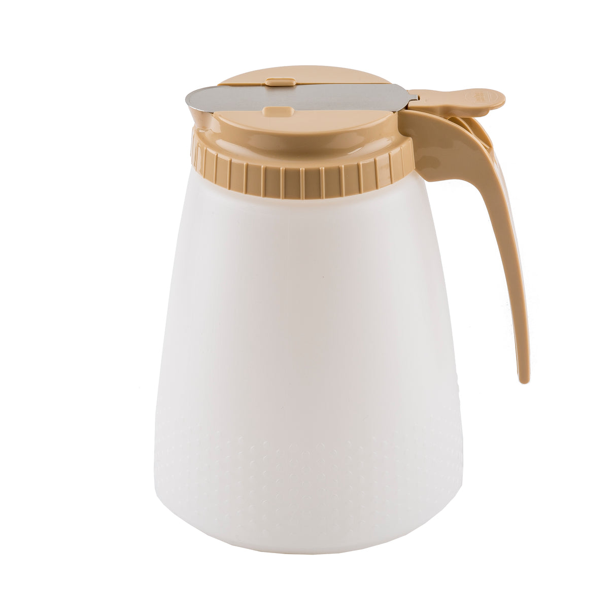 A white BPA free plastic syrup dispenser with a textured lower half, a beige screw-on lid, and a beige handle. The lid features a metal lever for easy pouring. An all purpose dispenser with a simple and functional design.