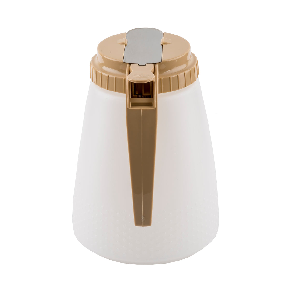 A BPA free, beige and white plastic All Purpose Dispenser with a textured body, beige handle, and matching flip-top lid with silver spout cover, designed for pouring liquids. Made in USA. Shown against a plain white background.