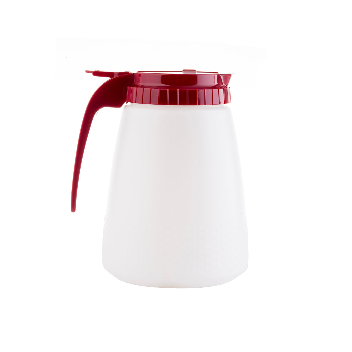A 48 oz, BPA free white plastic all purpose dispenser with a textured lower half, wide base, and deep red lid and handle. The flat, circular lid features a pouring spout. Set against a plain white background.