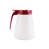 A 48 oz, BPA free white plastic all purpose dispenser with a textured lower half, wide base, and deep red lid and handle. The flat, circular lid features a pouring spout. Set against a plain white background.