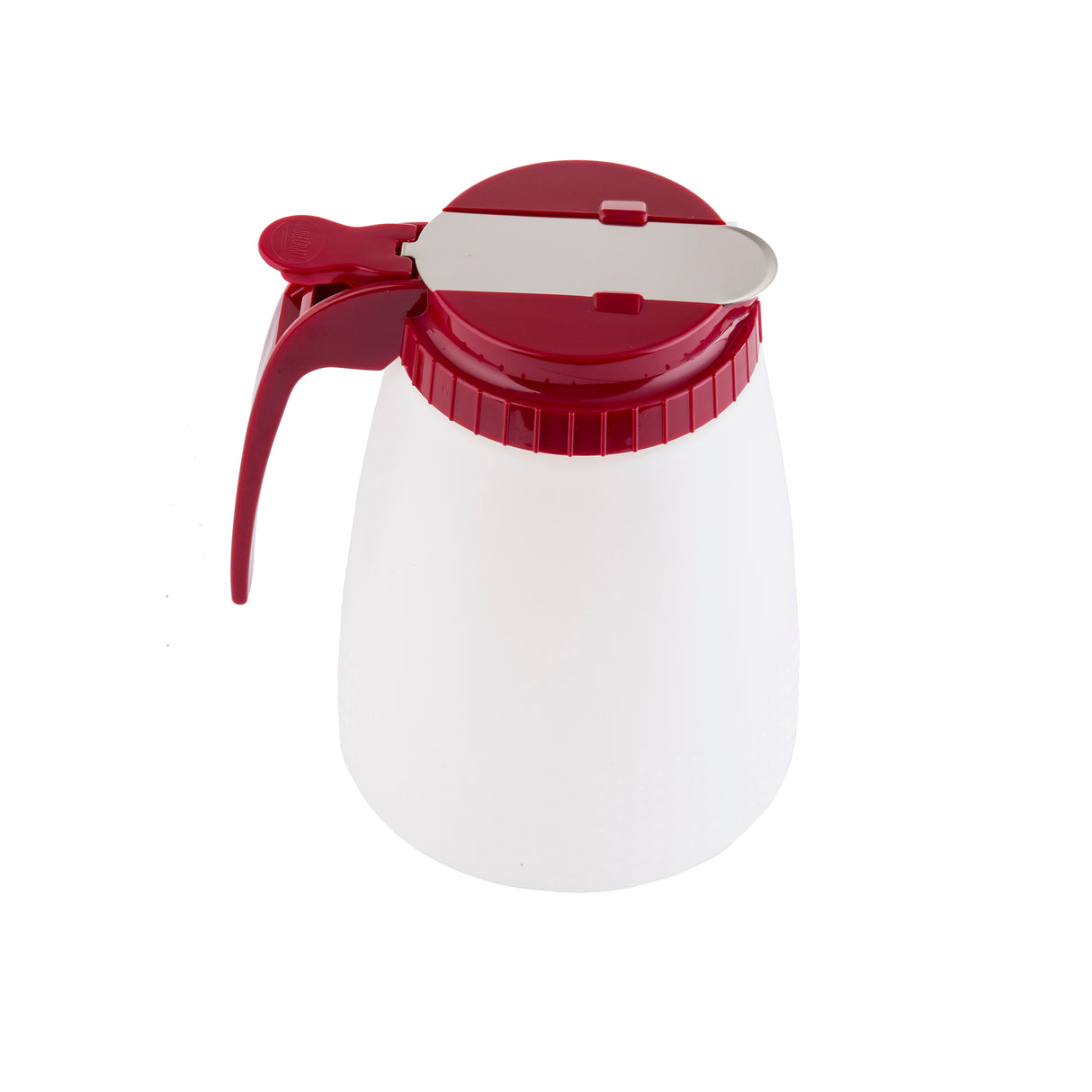 A BPA free All Purpose Dispenser, this white plastic syrup dispenser with a red handle and silver metal lever holds up to 48 oz and is shown isolated on a plain white background.