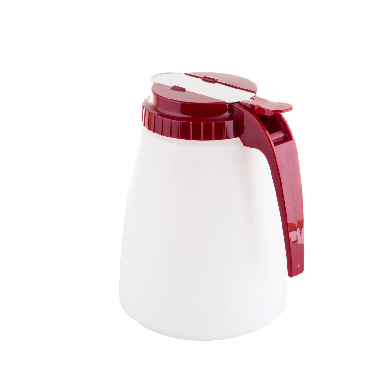 A 48 oz, BPA free white plastic All Purpose Dispenser with a textured surface, wide base, and deep red handle and hinged lid with spout cover. The pitcher is photographed on a plain white background.