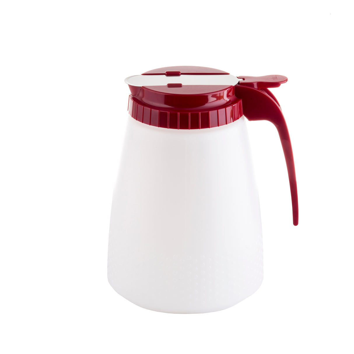 A white BPA free plastic pitcher with a textured surface, wide base, and red lid. The matching red handle and small spout make this 48 oz all purpose dispenser perfect for pouring. Set against a plain white background.