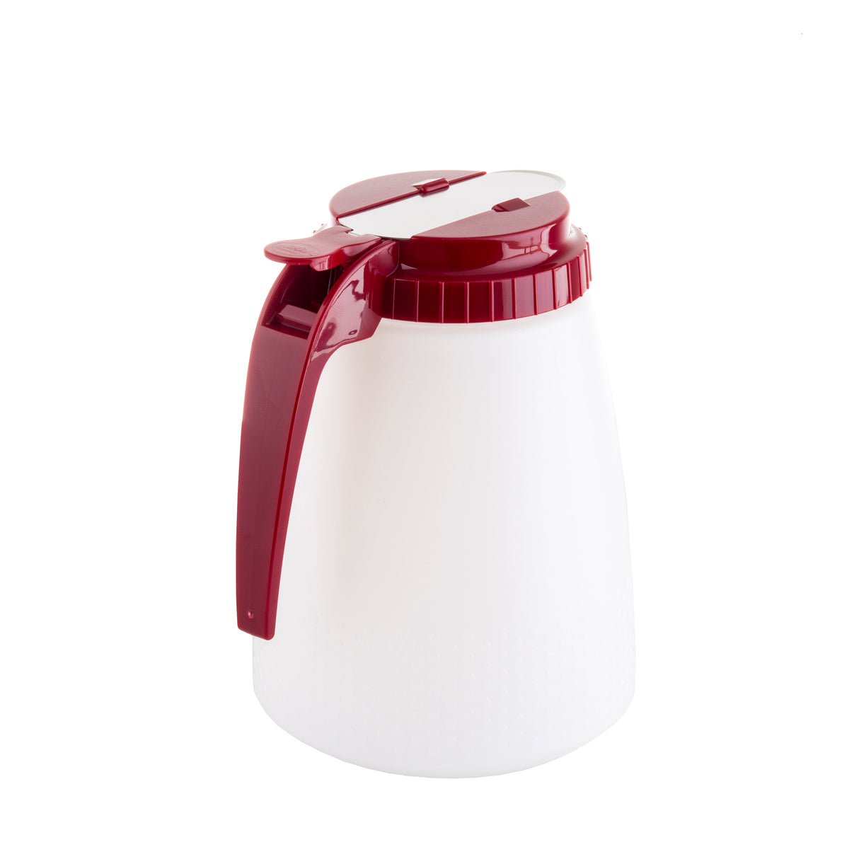 This 48 oz All Purpose Dispenser features a deep red handle and hinged spout lid. The BPA free, translucent white body has a subtle textured pattern. Shown upright on a white background, the handle is positioned on the left side.