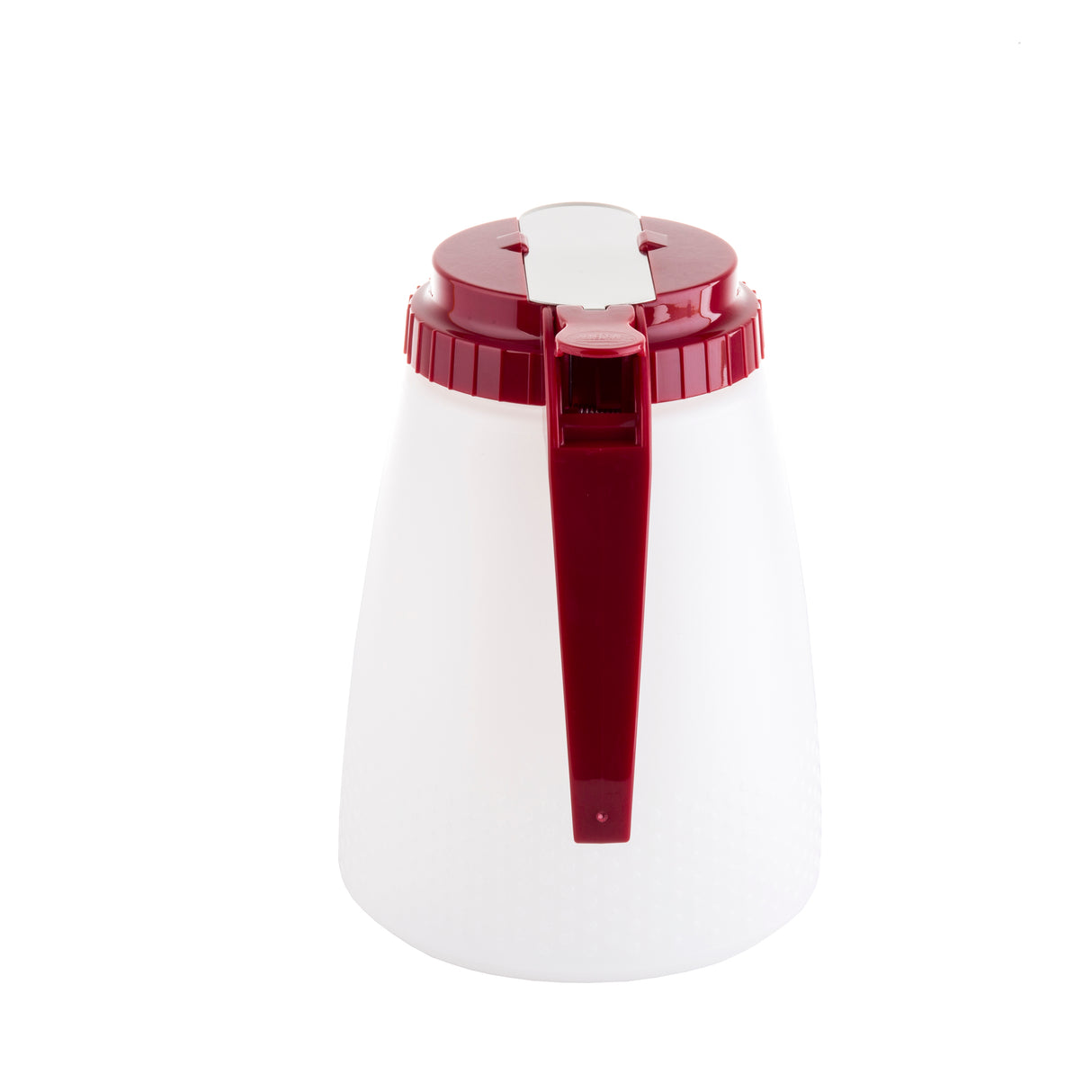 A white plastic All Purpose Dispenser, 48 oz capacity, with a textured surface and maroon BPA free lid and handle. The lid features a latch mechanism, and the pitcher is shown on a plain white background, handle and spout facing forward.