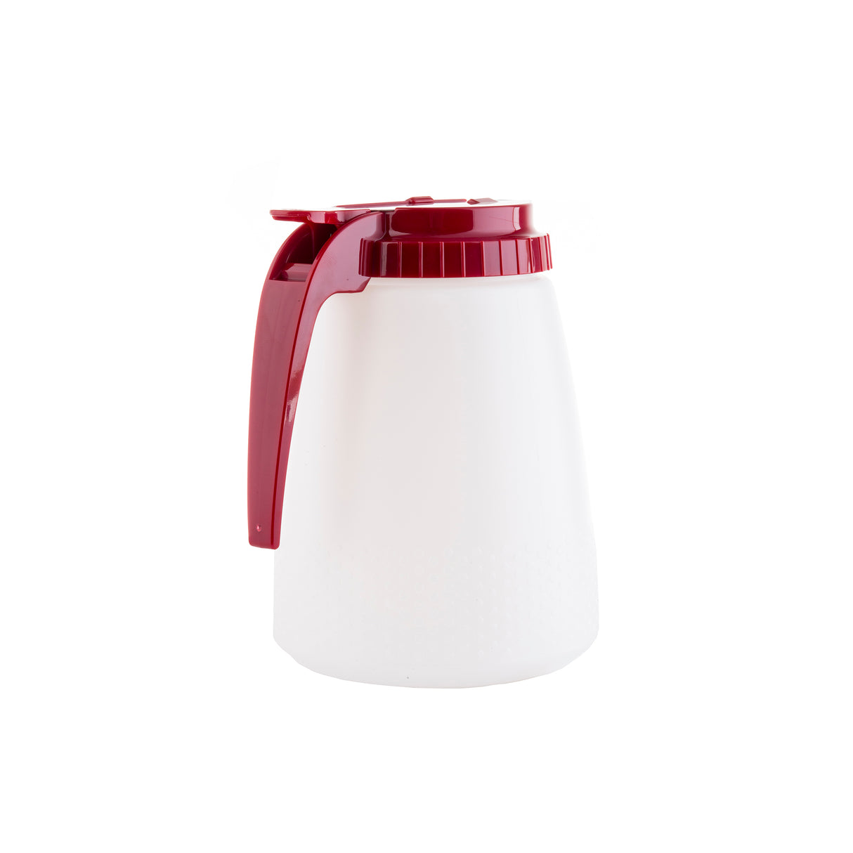 A 48 oz BPA free all purpose dispenser, this white plastic pitcher features a textured lower half and deep red screw-on lid and handle, shown against a plain white background. The vertical handle matches the lid in color for a coordinated look.