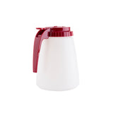 A 48 oz BPA free all purpose dispenser, this white plastic pitcher features a textured lower half and deep red screw-on lid and handle, shown against a plain white background. The vertical handle matches the lid in color for a coordinated look.