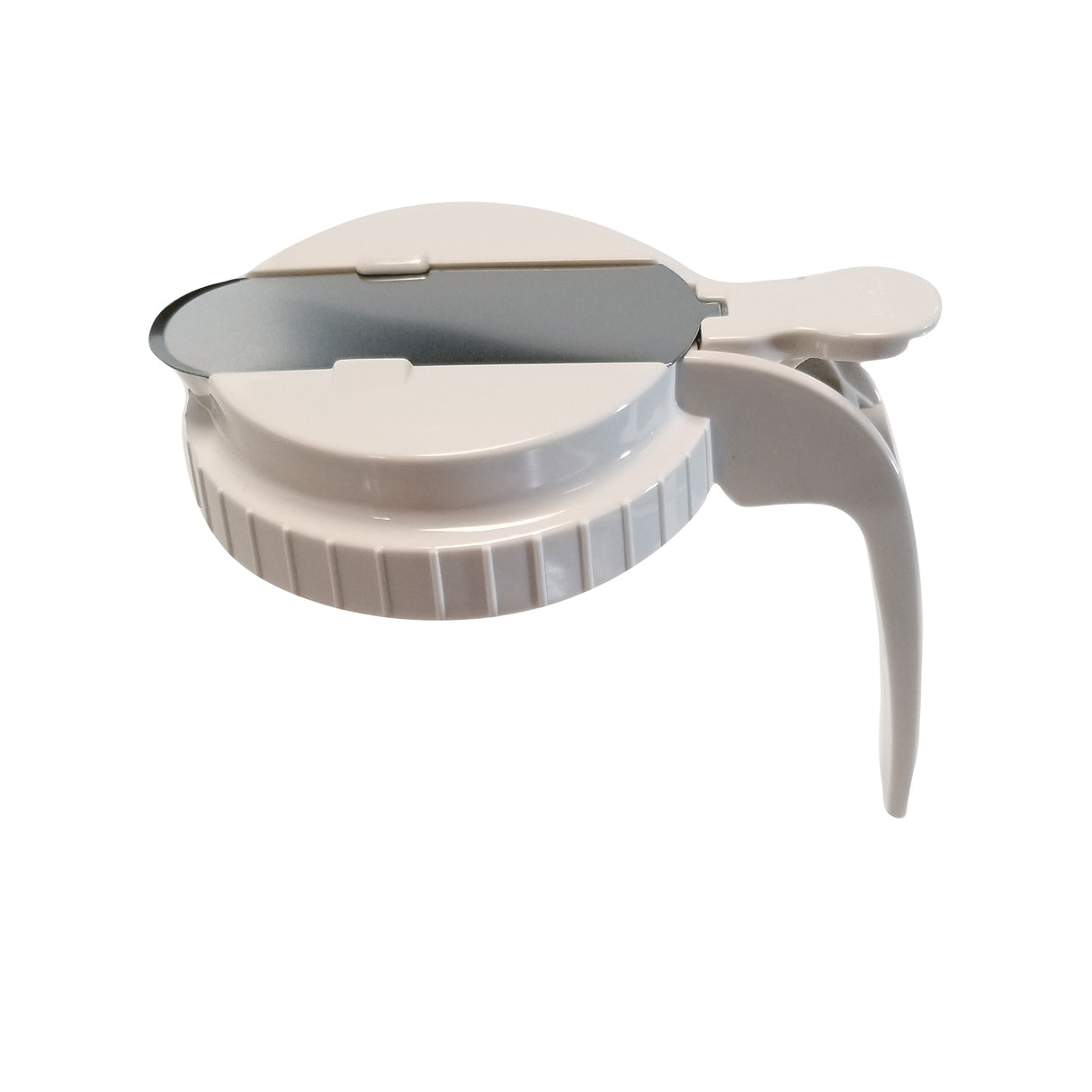 A white plastic TableCraft kitchen tool with a round base, grooved edge, and hinged handle; the top has a metal blade with a slot for safely slicing foods like bagels. This dishwasher safe tool is shown on a plain white background.