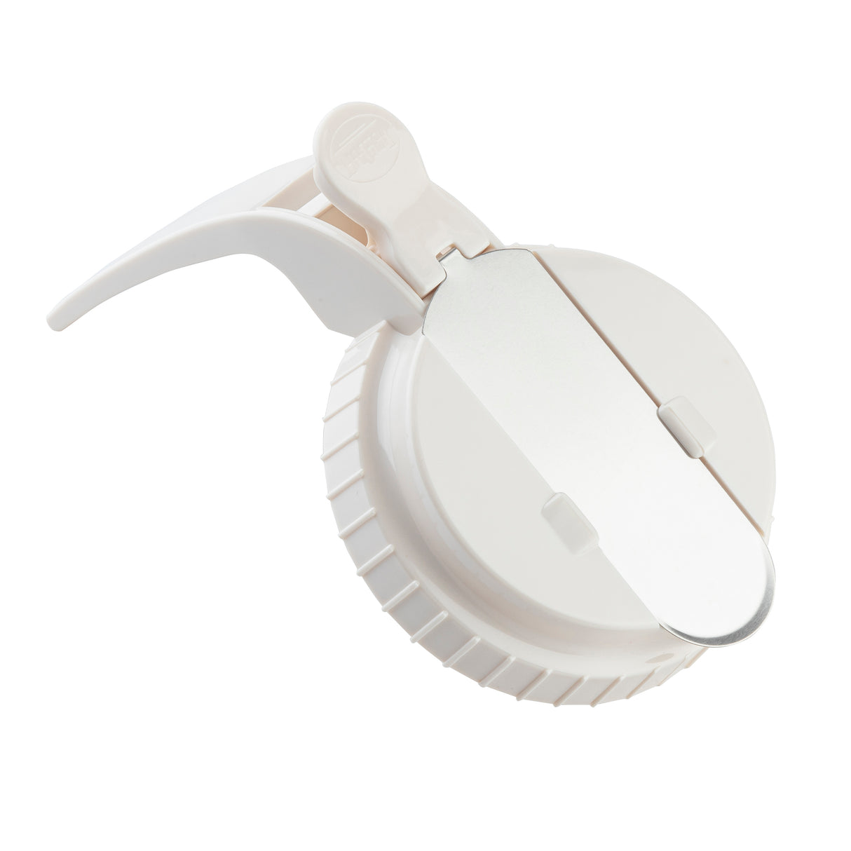A white plastic TableCraft handheld food slicer with a round base, ridged edges, a hinged metal blade on top, and a curved handle for pressing down and slicing. Its simple design is functional for small kitchen tasks and is dishwasher safe.