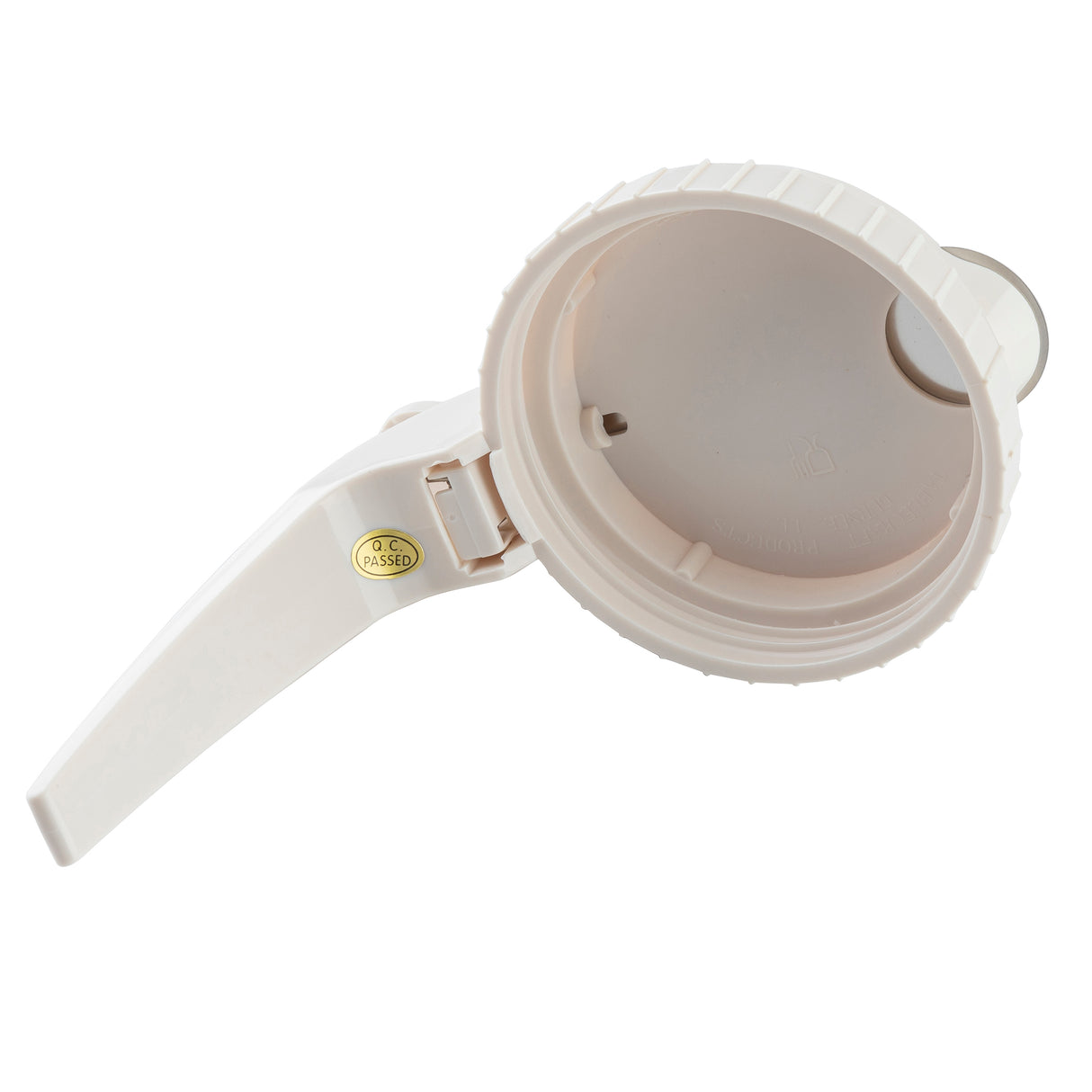 A close-up view of a white plastic Dispenser Top bottle cap with a flip-top spout, shown open. The cap boasts a round opening, hinge mechanism, and a gold QC PASSED sticker on the spout extension. Background is plain white.