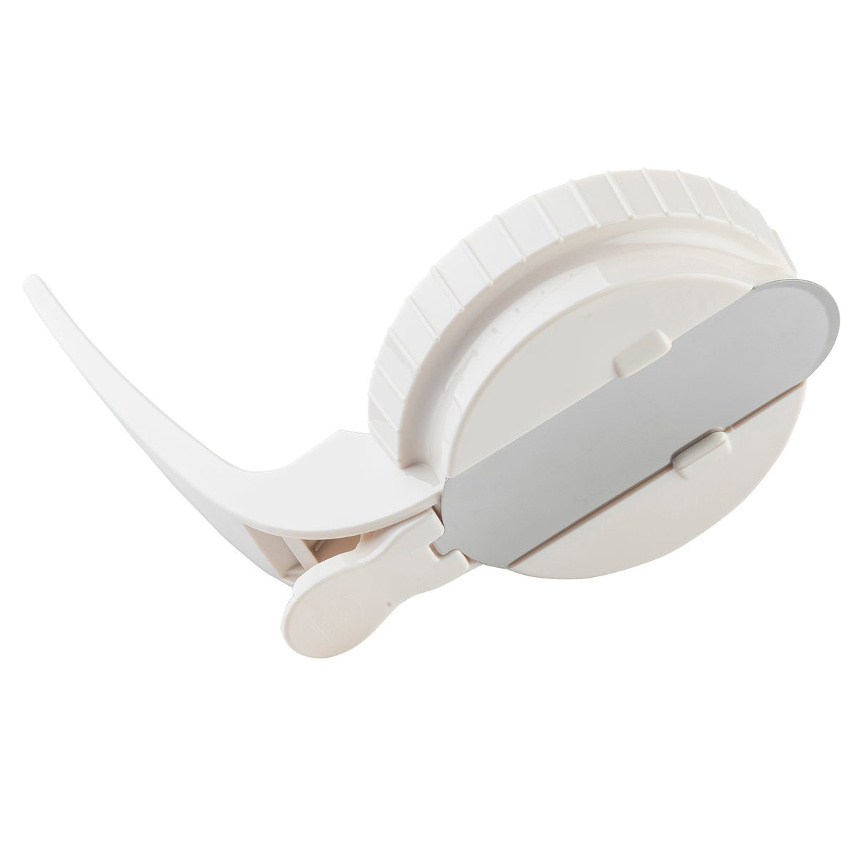 A white plastic handheld kitchen gadget by TableCraft, featuring a round, ridged disc, a long curved handle, and a flat stainless steel blade. This tool is ideal for slicing tasks and is dishwasher safe for easy cleaning after food prep.