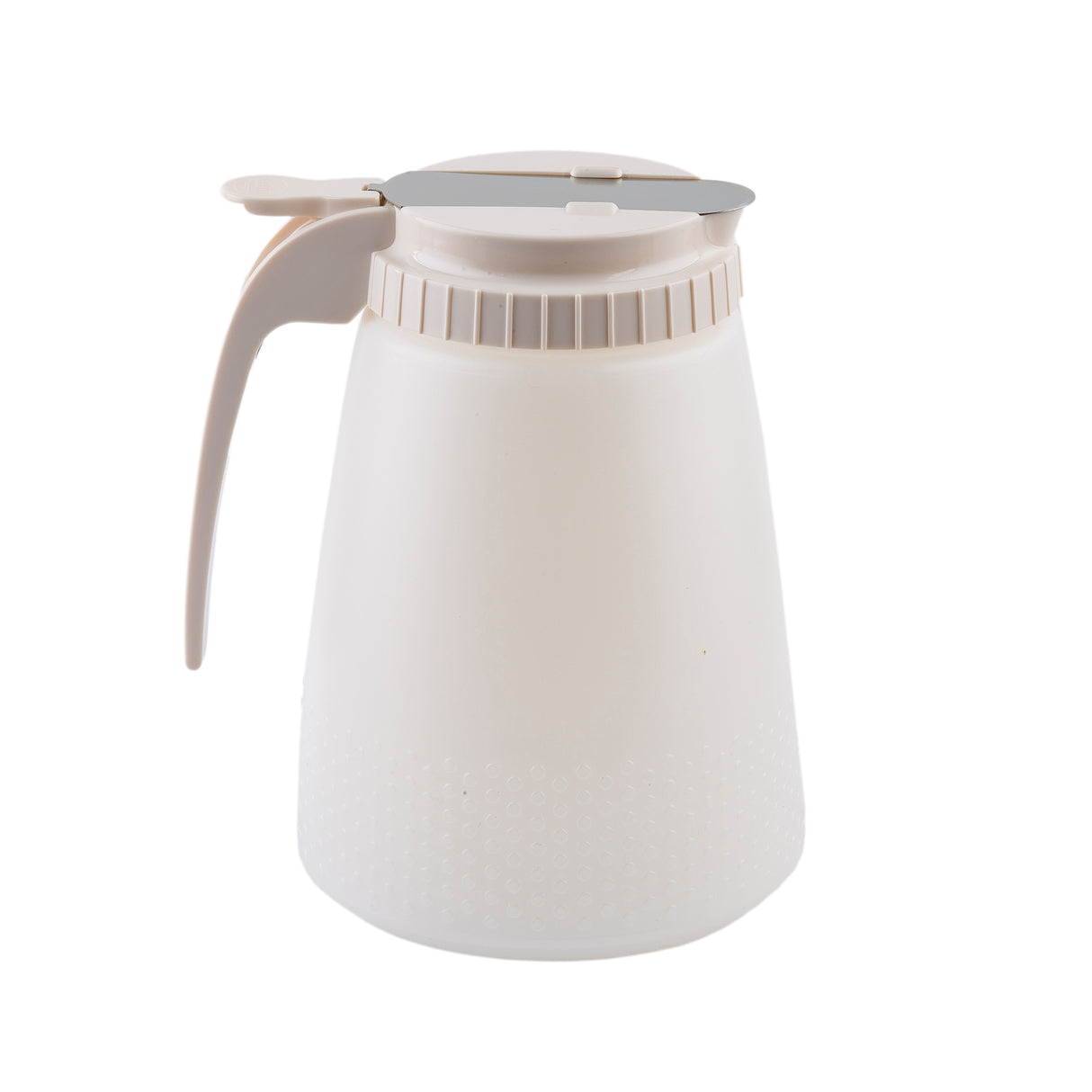 A white plastic, BPA free 48 oz. all purpose dispenser with a handle and hinged lid, shown against a plain background. The jug's lower half is textured for grip, and the lid features a metal piece for secure closure. Simple, functional design.