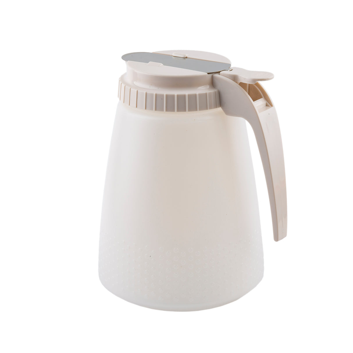 A 48 oz. BPA free all purpose dispenser, this white plastic pitcher features a textured lower half, large handle, and a round, hinged lid covering the spout. It is plain and unmarked, photographed on a white background.