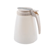 A 48 oz. BPA free all purpose dispenser, this white plastic pitcher features a textured lower half, large handle, and a round, hinged lid covering the spout. It is plain and unmarked, photographed on a white background.