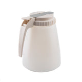 A white BPA free plastic All Purpose Dispenser pitcher with a textured lower half, a wide base, and a beige handle. The 48 oz. pitcher features a matching beige flip-top lid with pouring spout, set against a plain white background.