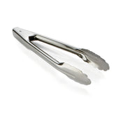 A pair of stainless steel Utility Tongs with scalloped gripping edges is shown on a white background. Slightly open, these tongs display a shiny surface, simple design, and are dishwasher safe for easy cleaning.