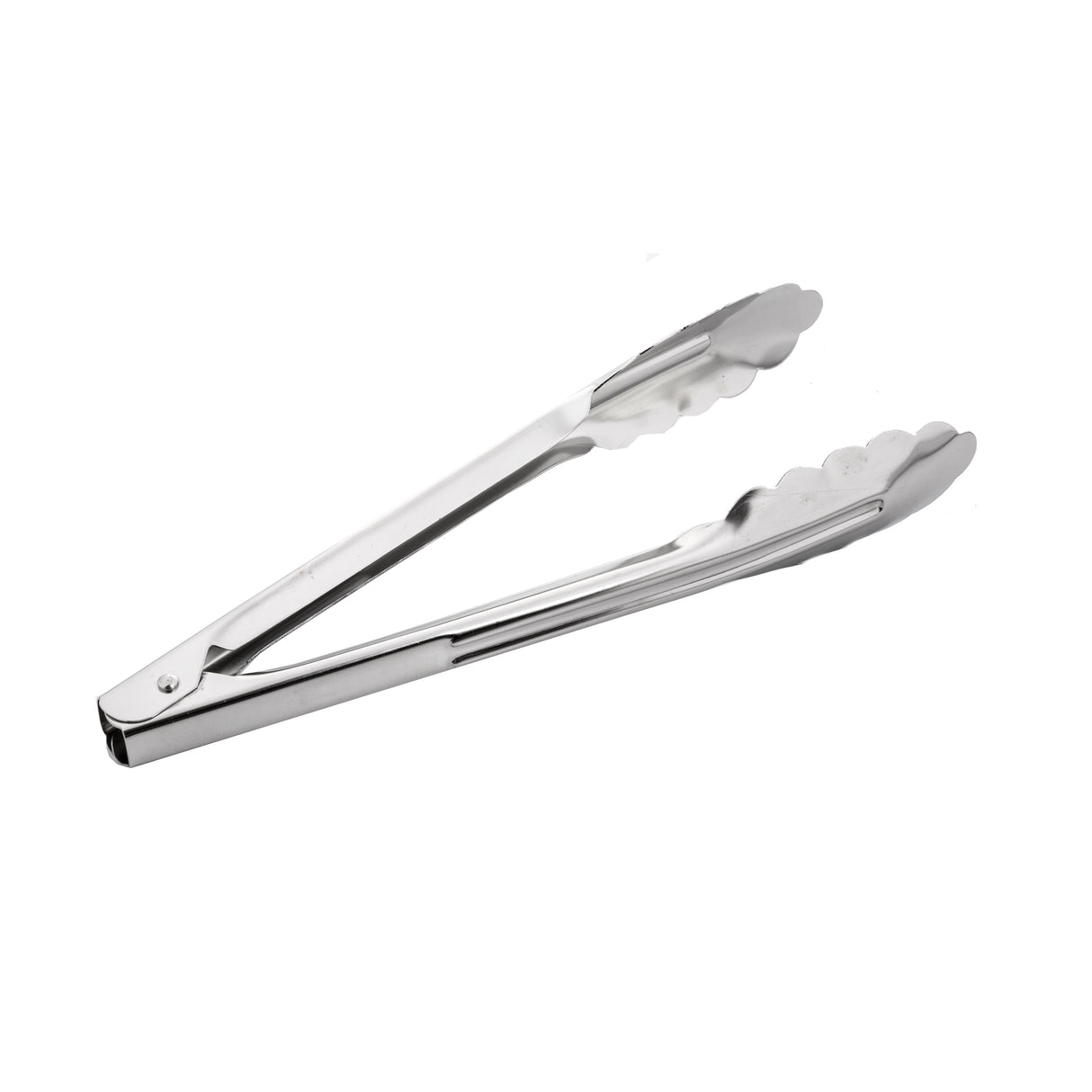 A pair of stainless steel Utility Tongs with scalloped edges and a shiny finish is shown against a plain white background. The tongs are slightly open, displaying their long arms and simple pivot hinge, and are dishwasher safe for easy cleaning.
