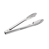 A pair of stainless steel Utility Tongs with scalloped edges and a shiny finish is shown against a plain white background. The tongs are slightly open, displaying their long arms and simple pivot hinge, and are dishwasher safe for easy cleaning.