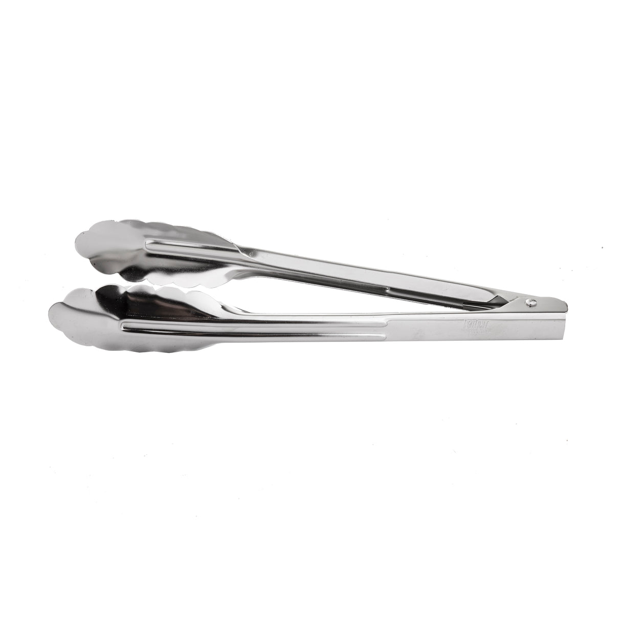 A pair of stainless steel utility tongs with scalloped, slightly curved gripping ends and a flat, straight handle, shown against a plain white background. The tongs are closed, photographed from the side, and are dishwasher safe for easy cleaning.
