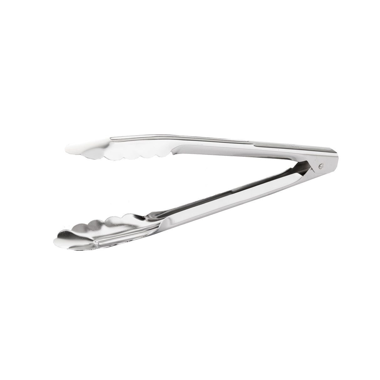 A pair of stainless steel Utility Tongs with scalloped edges is shown against a plain white background. The tongs are slightly open, revealing their simple, functional design, polished metal surface, and are dishwasher safe for easy cleaning.