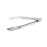 A pair of stainless steel Utility Tongs with scalloped edges is shown against a plain white background. The tongs are slightly open, revealing their simple, functional design, polished metal surface, and are dishwasher safe for easy cleaning.