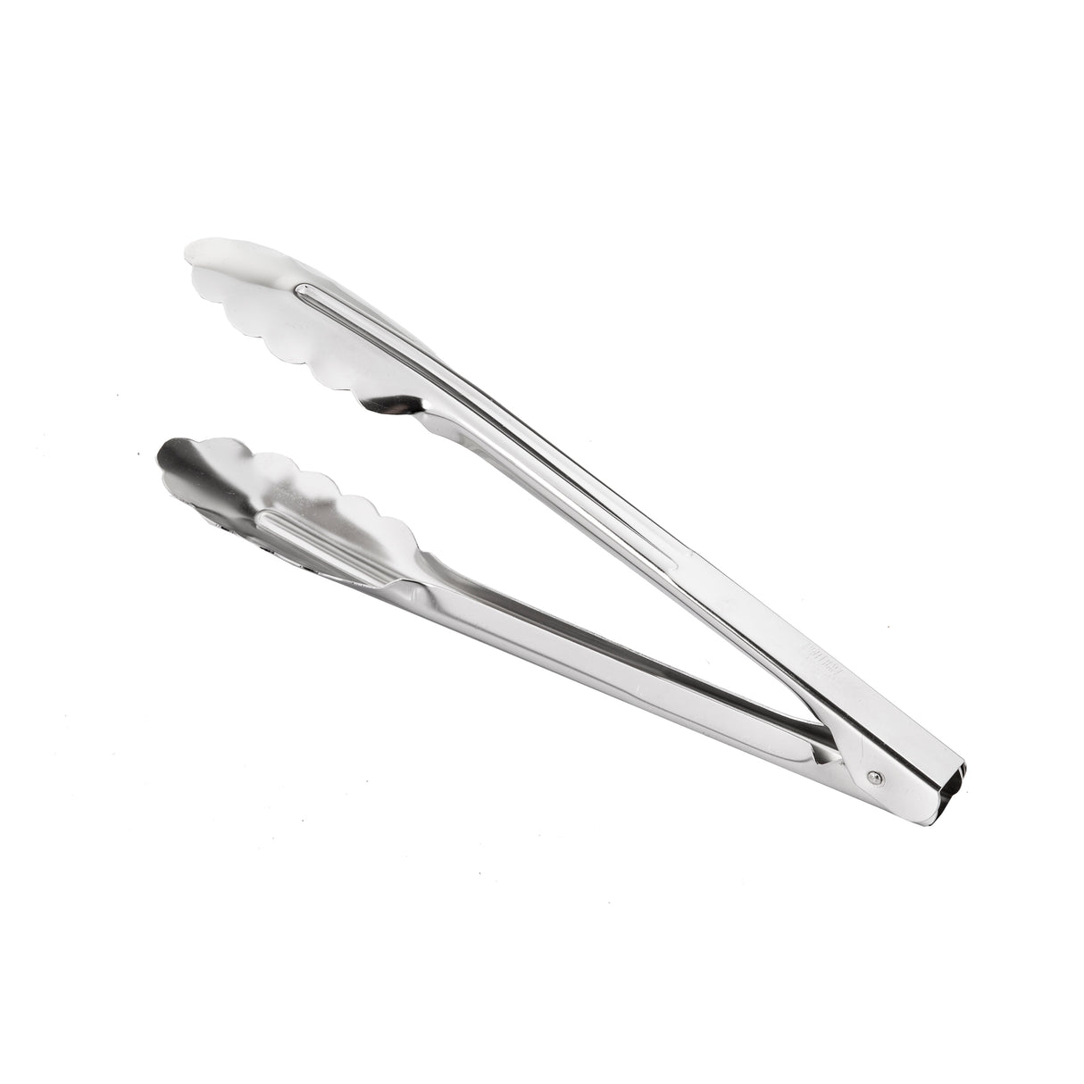 These stainless steel Utility Tongs feature scalloped edges and a polished finish, offering a simple, utilitarian design with a sturdy hinge. Dishwasher safe for easy cleanup, they're perfect for any modern kitchen.
