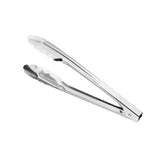 These stainless steel Utility Tongs feature scalloped edges and a polished finish, offering a simple, utilitarian design with a sturdy hinge. Dishwasher safe for easy cleanup, they're perfect for any modern kitchen.