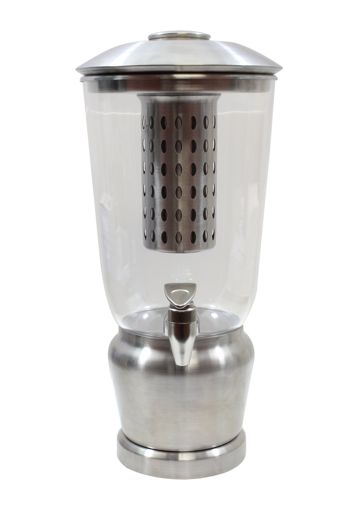 A BPA free beverage dispenser featuring a stainless steel and clear plastic body, cylindrical infuser, domed metal lid, spigot at the base, and a sturdy round metal stand for upright display.