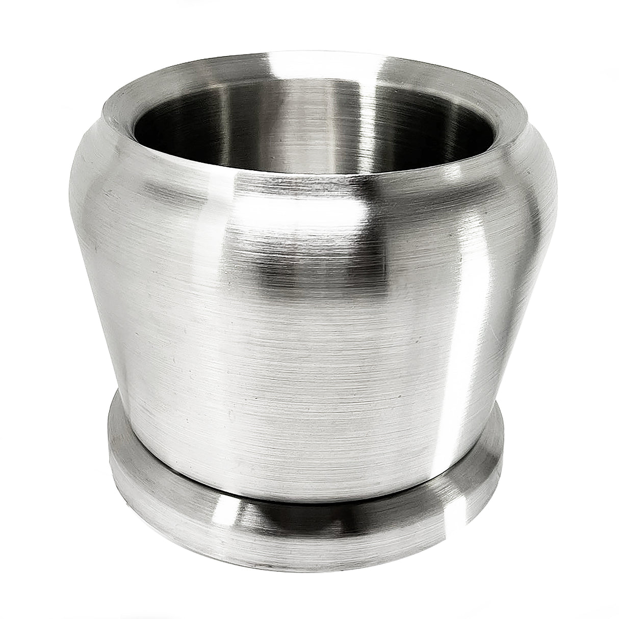 A shiny, metallic, cylindrical beverage dispenser with a wide opening, slightly flared rim, rounded body, and flat circular base. The brushed stainless steel finish gives it a reflective look. Lighting highlights its smooth texture.