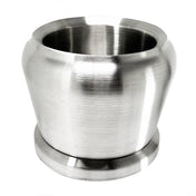 A shiny, metallic, cylindrical beverage dispenser with a wide opening, slightly flared rim, rounded body, and flat circular base. The brushed stainless steel finish gives it a reflective look. Lighting highlights its smooth texture.