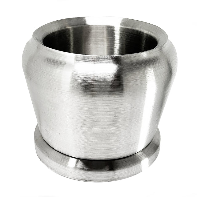 A shiny, metallic, cylindrical beverage dispenser with a wide opening, slightly flared rim, rounded body, and flat circular base. The brushed stainless steel finish gives it a reflective look. Lighting highlights its smooth texture.