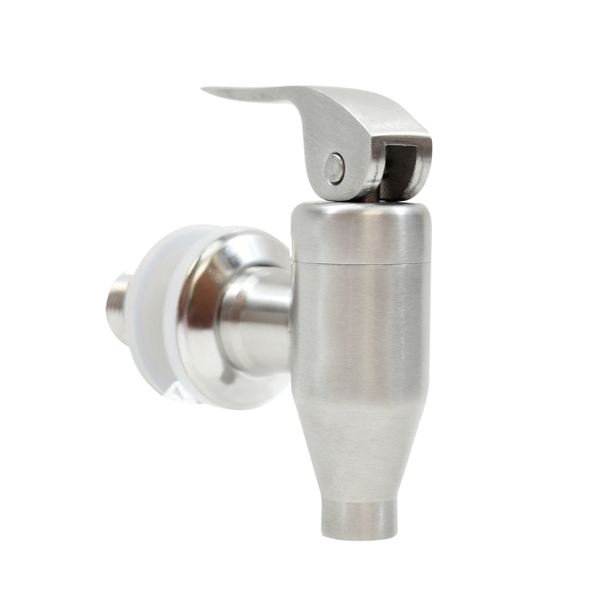 A stainless steel beverage faucet with a lever handle, cylindrical body, and tapered spout. A white gasket is visible where it attaches to a container, ideal for dispensing liquids like beer or kombucha. The background is white.