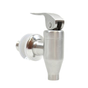 A stainless steel beverage faucet with a lever handle, cylindrical body, and tapered spout. A white gasket is visible where it attaches to a container, ideal for dispensing liquids like beer or kombucha. The background is white.