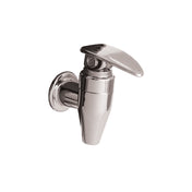 A shiny, heavy duty chrome wall-mounted water tap with a slanted lever handle, smooth cylindrical body, and circular base plate, perfect as a beverage dispenser faucet, isolated on a white background.
