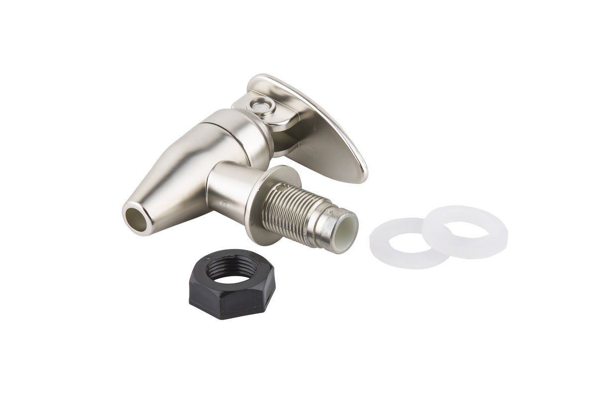 A heavy duty, nickel plated beverage dispenser faucet with a lever handle, threaded shaft, black plastic nut, and two white washers is shown horizontally on a white background, displaying all components clearly.